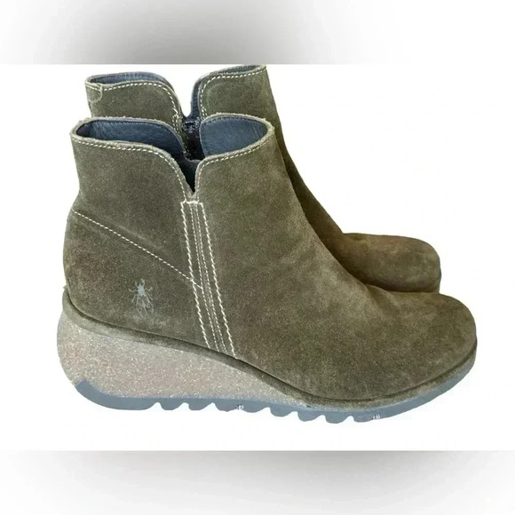 Fly London Green Nilo Sludge Suede Wedge Booties Size 41 - Picture 4 of 15